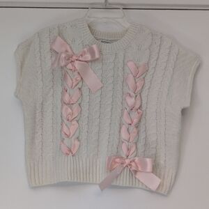 Francesca's Anna Cream & Pink Bows Cable Knit Sweater Tee Small New with Tags